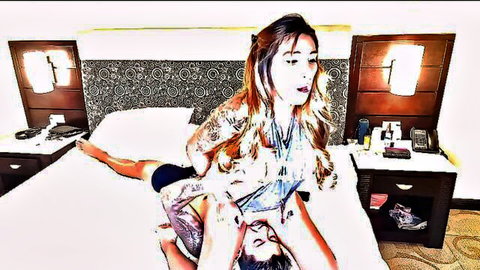 Slim tattooed Asian woman facesitting on man for intense pussy licking orgasm