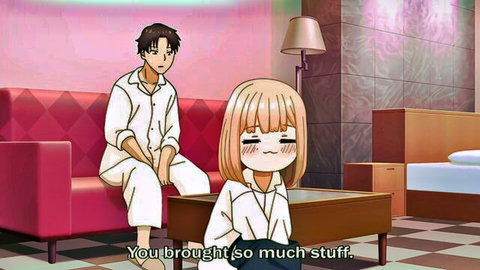 Anime couple on couch, blonde gamer girl blushes at guy in pajamas hentai