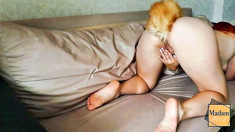 Curvy blonde with fox tail butt plug spreads her pussy for toy play