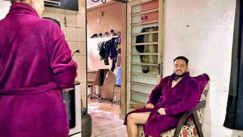 Maid in pink robe teases boss and wife in purple robe for threesome fuck
