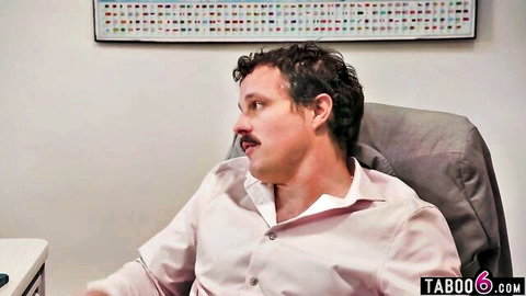 Curly-haired man in pink shirt for detention gangbang scene with teen Haley Spades