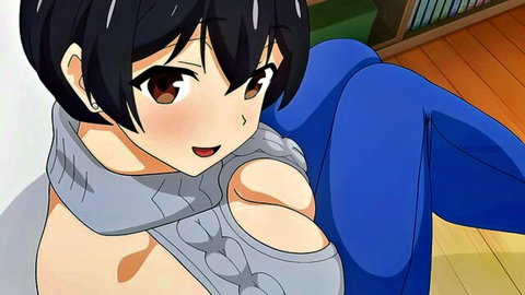 Seductive anime boss with big breasts in revealing gray sweater