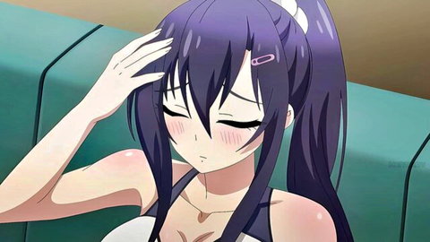 Blushing anime girl with purple ponytail in revealing white swimsuit top