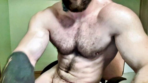 Hairy muscled bearded man Musclegod_ua poses nude in amateur edging selfie