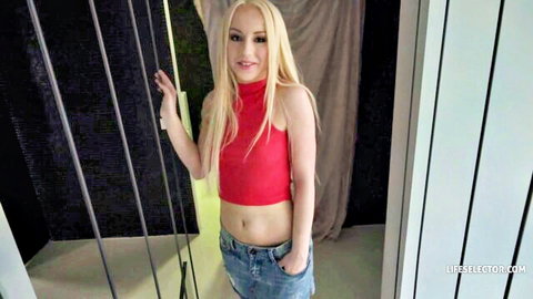 Kira Thorn teasing as hot neighbor in red crop top and denim shorts