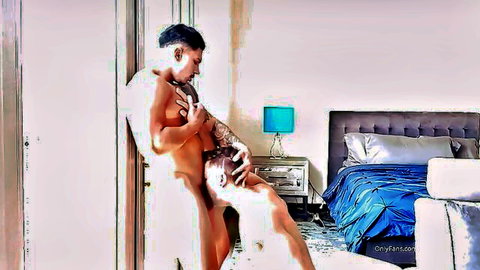 Muscular tattooed gay hunk with hard cock grinding against partner's bare ass by bedroom door
