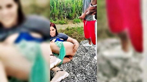 Smiling redhead Latina spreads legs showing panties to guys in shorts on outdoor zebra blanket