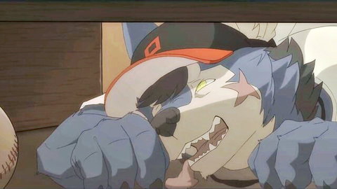 Anthropomorphic blue wolf in baseball cap, intense lewd pose from furry sex animation