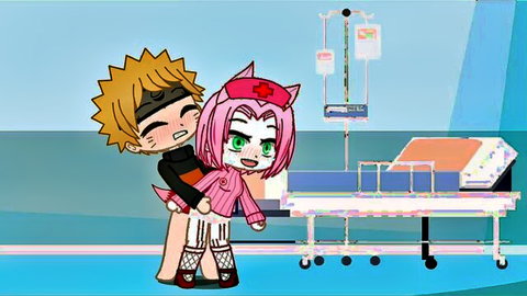 Chibi Naruto hugging sexy nurse Sakura in playful embrace