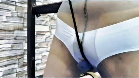 Censored male multiple orgasm by sex machine closeup in white briefs