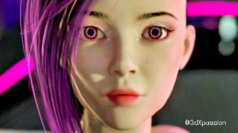 Neon Dreams seductive close-up with purple hair and red eyes in VR Nexus 3
