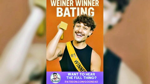 Curly-haired mustached guy grins holding banana like cock in weiner winner bating sash tease