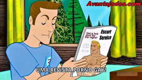 Cartoon guy in cabin holds open gay porn magazine with muscular hairy-chested hunk on cover