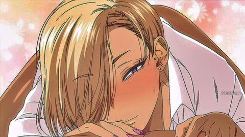 Seductive blonde anime gyaru girl blushing in open white shirt, hentai style thumbnail