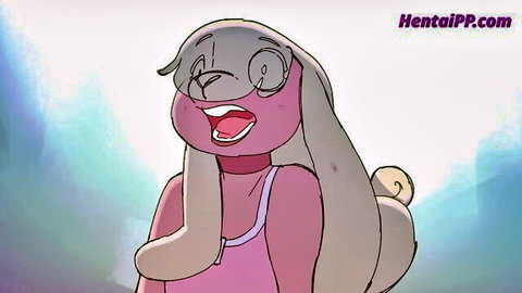Cute anime bunny girl smiling with glasses and pink top in hentai parody