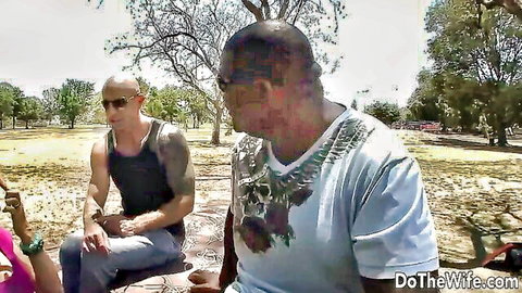 Hotwife teases cuckold and BBC bull during outdoor park picnic on blanket