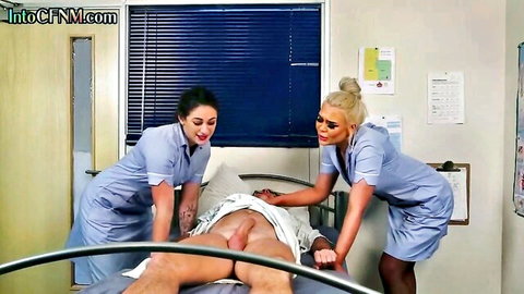 CFNM nurses in uniforms suck patient's cock in steamy threesome
