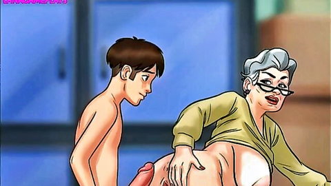 Anime cougar grandma grabs young boy's big cock from behind