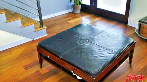 Empty modern living room with black leather ottoman on wooden floor near stairs and plant