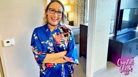 Crystal Chase blonde MILF smiling in silky blue robe