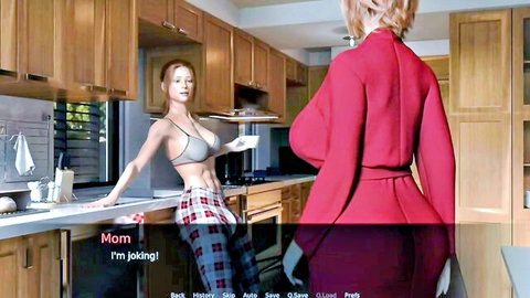 3D hentai busty mom in red robe stands behind gamer girl showing underboob in cropped top and plaid pants in kitchen