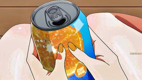 Anime girl teasing with orange soda can between legs, seductive pose