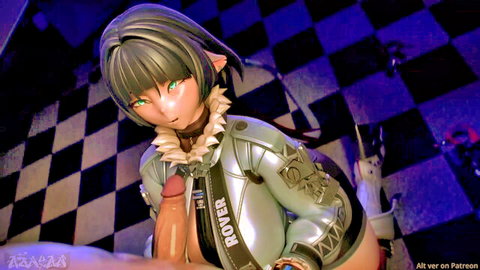 Anime elf girl with green hair giving blowjob in sci-fi hover jacket