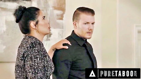 Dana Vespoli in black jacket seduces Codey Steele from behind, intense Pure Taboo moment