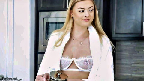 Amber Moore in sexy white lace lingerie and robe, morning kitchen tease