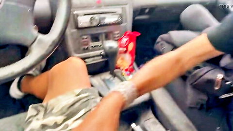 Hot blonde MILF gives accidental car blowjob, cum in mouth outdoor sex
