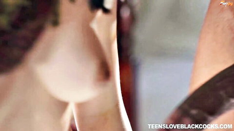 Pale teen babe's perky tits and nipple squeezed by black man's dark hand in interracial tease