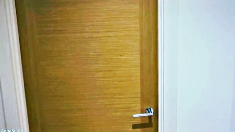 Closed brown wooden bedroom door with chrome handle against white wall