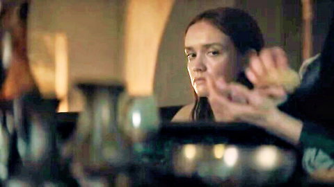 Olivia Cooke in low-cut dress showing cleavage, House of the Dragon scene