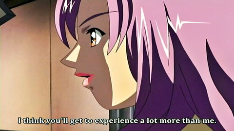 Hentai anime teen girl with purple hair smiling sideways