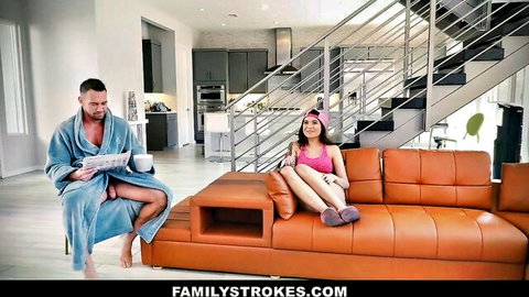 Brenna Sparks teases stepdad with exposed cock on couch