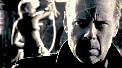 Intense older man watches blonde beauty in sexy black lingerie striptease