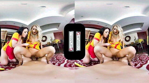 Busty brunette and blonde cheerleaders spread legs exposing pussies in 2 Broke Girls VR parody