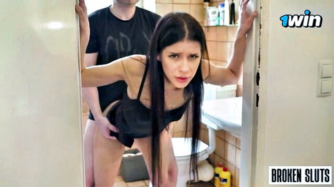 Brunette in black dress bent over for rough doggy style pounding