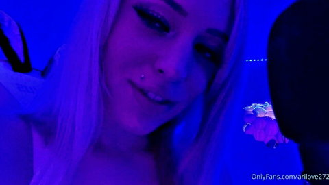 Arilove blonde model seductive ASMR lens licking in blue neon lighting