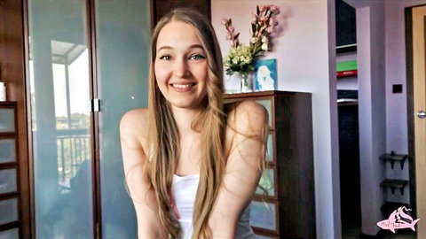 Smiling Ukrainian blonde stepsister in white top offers slut role - Amateur POV