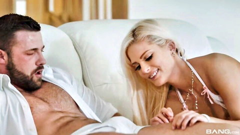Insolent blonde in white lingerie teases hunk's crotch in intimate cowgirl setup