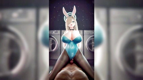 Blonde bunny girl Asuna Karin in blue lingerie straddling POV cock in laundromat tease