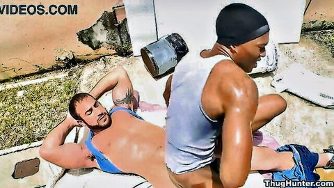 Muscular black stud with big cock fucks athletic white guy's tight ass outdoors