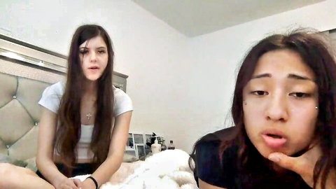 Lizzyhart petite skinny camgirl with brunette friend in bedroom show