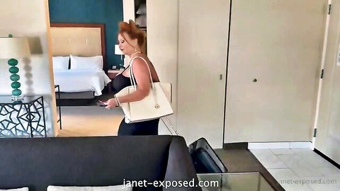 Janet Mason as cheating hotwife entering hotel room in sexy black dress