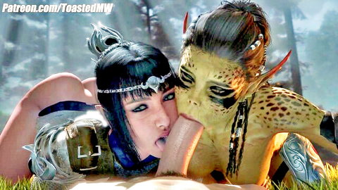 Black-haired fantasy girl licks green-skinned orc's wet pussy in forest