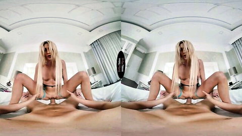 Blonde MILF with big tits squats over hard cock spreading wet shaved pussy in VR POV