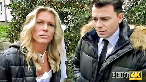 Claudia Macc as bride kissed by suited bank worker outdoors