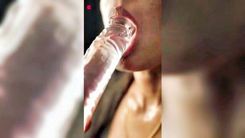 Indian beauty deepthroating thick clear dildo with wet sloppy lips
