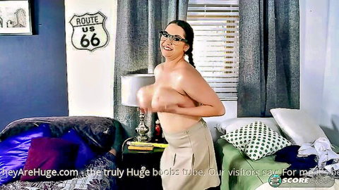 Kate Marie topless huge natural tits, hands covering nipples in short skirt